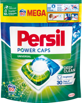 Persil Power Caps Universal Deep Clean 60 kapsułek w zielono-niebieskiej torbie, dwie kapsułki na froncie.