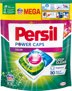 Opakowanie kapsułek Persil Power Caps Color Deep Clean, 60 sztuk, z widocznymi dwiema kapsułkami na przodzie.