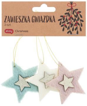 Zestaw 3 filcowych zawieszek-gwiazdek Eloy w pastelach (błękit, biel, róż) z brokatowymi gwiazdkami, z przodu.
