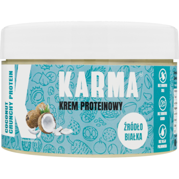 Biały słoik kremu proteinowego Karma Coconut Crunchy Protein, niebieska etykieta z kokosem, widok z przodu.