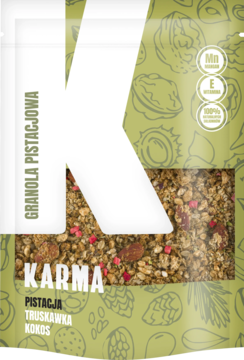 KARMA ,granola z Wiórkami Kokosowymi, Pistacjami i Truskawkami,przód