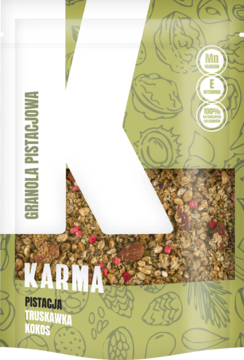 Zielona torebka wegańskiej granoli Karma pistacjowej z truskawkami i kokosem, widok z przodu, 100% naturalne.