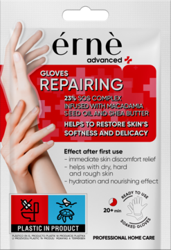 Érné Advanced Gloves Repairing, biała saszetka z maską do rąk, 23% kompleks SOS, z grafiką dłoni i czerwonymi akcentami.