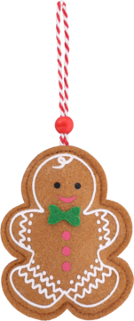 Urocza filcowa zawieszka świąteczna w kształcie piernikowego ludzika, z białym lukrem, zieloną muszką i różowymi guzikami.