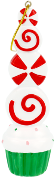 Ozdoba świąteczna: biało-czerwone cukierki i babeczka, z zieloną foremką, posypką, na złotym sznurku.