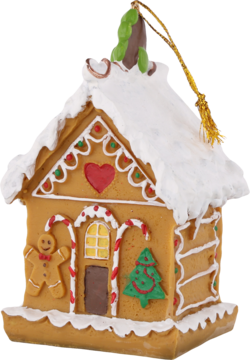 Bożonarodzeniowa ozdoba: lukrowana chatka z piernika z figurką ludzika i choinką, widok z przodu.