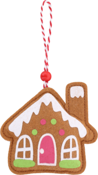 Miękka, filcowa ozdoba świąteczna: piernikowy domek z białym lukrem, różowymi drzwiami i paskiem do zawieszenia.