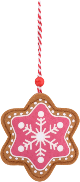 Ciasteczkowy wisiorek-gwiazdka z różowym lukrem i białym płatkiem śniegu, wiszący na czerwono-białym sznurku.