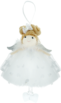 Biała zawieszka aniołek z blond włosami, srebrnymi skrzydłami z piór i tiulową sukienką w serca, z przodu.