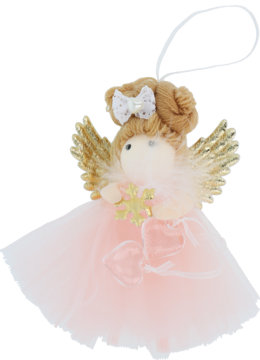 Różowy aniołek dekoracyjny z tiulową sukienką, złotymi skrzydłami i kokardką, trzymający gwiazdkę i serca.