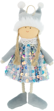 Zawieszka: lalka dziewczynka z warkoczami, w szarej czapce z pomponami i sukience z błyszczącymi cekinami.