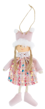 Różowa pluszowa lalka-aniołek z warkoczami, w brokatowej sukience i czapce z pomponami, do powieszenia.