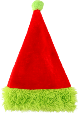 Pluszowa czerwono-zielona czapka świąteczna Grinch z puszystym brzegiem i pomponem, widok z przodu.