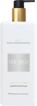 Perfumowany żel pod prysznic beBIO DRESSED for success w białej butelce z czarną pompką, widok z przodu.