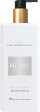 Perfumowany żel pod prysznic beBIO DRESSED for success w białej butelce z czarną pompką, widok z przodu.