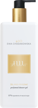 BeBIO Ewa Chodakowska Feel The Moment perfumowany żel pod prysznic w białej butelce z pompką, przód, z napisem 97% naturalnych składników.