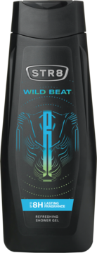STR8 Wild Beat męski żel pod prysznic w czarnej butelce. Z przodu neonowa grafika drapieżnika, napis 8H lasting fragrance.