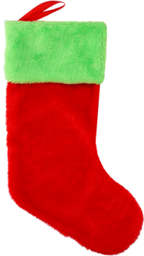 Czerwona świąteczna skarpeta z puszystym zielonym mankietem, widok z przodu, gotowa do zawieszenia.