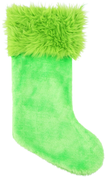 Neonowo zielona pluszowa skarpeta świąteczna z futrzanym mankietem, miękka tekstura, widok z przodu.