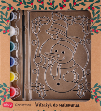 Zestaw Eloy Christmas do malowania witraża: bałwan z farbami i pędzlem, w brązowym pudełku z oknem.