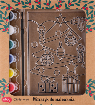 Zestaw do malowania Eloy Witrażyk: choinka z farbami i pędzelkiem w otwartym brązowym pudełku prezentowym.