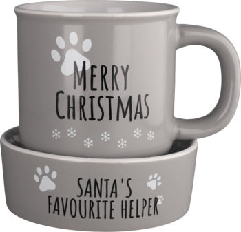 Szary ceramiczny zestaw Eloy: kubek "MERRY CHRISTMAS" na misce "SANTA'S FAVOURITE HELPER" dla pupila.