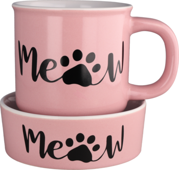 Eloy Zestaw: różowy kubek 350ml z czarnym napisem Meow i miska dla pupila. Widok z przodu, kubek na misce.