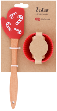 Świąteczny zestaw do pieczenia: czerwona szpatułka z drewnianą rączką, laski cukrowe, czerwona foremka silikonowa.