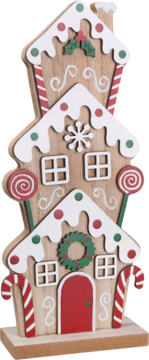 Drewniana, piętrowa dekoracja: domek z piernika z białym lukrem, czerwonymi drzwiami, oknami i cukierkami.