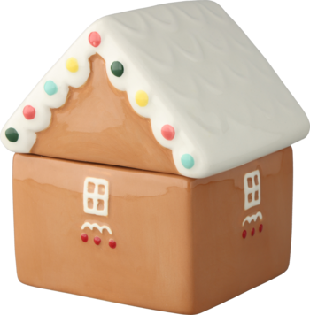 Ceramiczny pojemnik w kształcie piernikowego domku, brązowy, z białym dachem, oknami i barwnymi cukierkami.