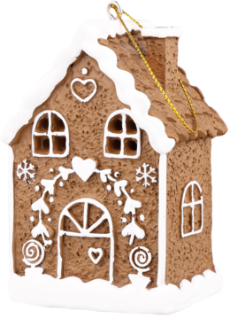 Ozdoba świąteczna: brązowy piernikowy domek z białym lukrem, sercami, płatkami śniegu i girlandą. Widok z przodu.