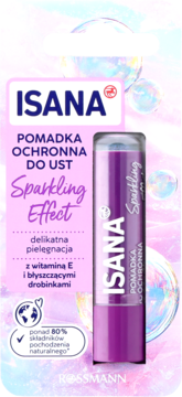 Isana Sparkling Effect błyszcząca pomadka ochronna do ust, fioletowa, z witaminą E.