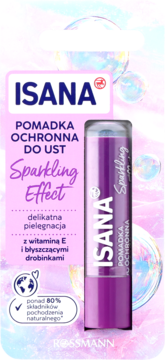 Isana Sparkling Effect błyszcząca pomadka ochronna do ust, fioletowa, z witaminą E.