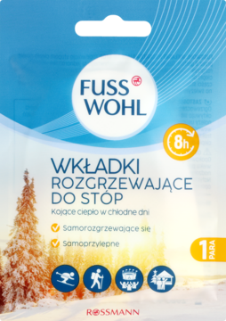 Fusswohl wkładki rozgrzewające do stóp. Niebiesko-biała saszetka z zimowym krajobrazem, logo i napisem "8h".