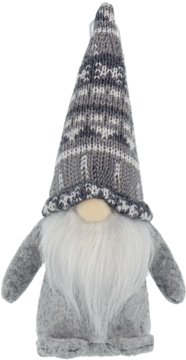 Szary krasnal świąteczny w szpiczastej czapce z dzianiny, długiej białej brodzie i beżowym nosie, widok z przodu.