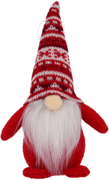 Pluszowy krasnal świąteczny w dzianinowej czapce w czerwono-biały wzór, z długą puszystą brodą, widok z przodu.