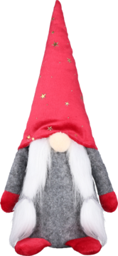 Gnom dekoracyjny z długą białą brodą, czerwonym kapeluszem w brokatowe gwiazdki i szarym ubraniem, widok z przodu.