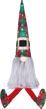 Świąteczny krasnal w czapeczce w czerwono-zieloną kratę ze śnieżynkami, złotą klamrą i długą siwą brodą.