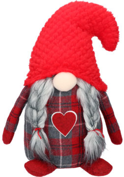 Pluszowy krasnal, skrzat w czerwonej czapce, szarej brodzie, czerwono-szarej kratce i sercem. Widok z przodu.