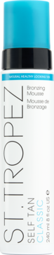ST.TROPEZ Self Tan Classic Bronzing Mousse, biała butelka z turkusowym aplikatorem, widok z przodu.