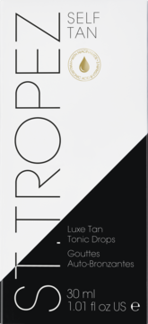 St. Tropez Self Tan Luxe Tan Tonic Drops w biało-czarnym opakowaniu, widok z przodu, z napisem SELF TAN.