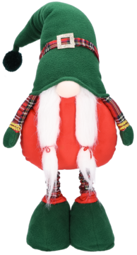 Pluszowy krasnal świąteczny z zieloną czapką, czerwoną bluzą, białą brodą i detalami w kratę. Widok z przodu.