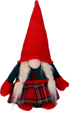 Krasnal świąteczny z blond warkoczami, w czerwonej filcowej czapce i zielono-czerwonej kraciastej sukience, widok z przodu.