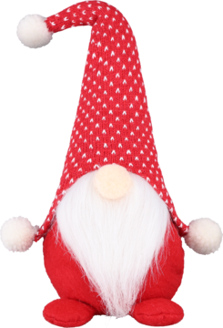 Czerwony krasnal świąteczny z dzianinową czapką w białe kropki, puszystą brodą i beżowym nosem, widok z przodu.