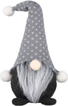Dekoracyjny gnom świąteczny z długą białą brodą, szarą dzianinową czapką w białe kropki i białymi pomponami, widok z przodu.