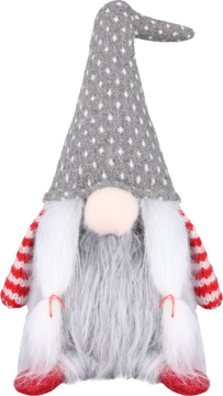 Świąteczny gnom z długą, białą brodą, szarą czapką w białe kropki i dwoma białymi warkoczami. Widok frontalny.