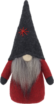 Świąteczny krasnal z szarego filcu w czerwonej tunice, z długą brodą i wysoką czapką z czerwoną gwiazdką.