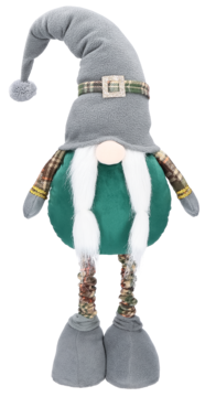 Stojący pluszowy krasnal świąteczny z długą białą brodą, szarą czapką, zielonym korpusem i wzorzystym szalikiem.