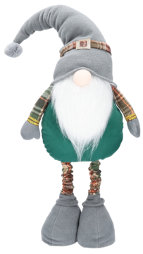 Dekoracja: gnom świąteczny z długą białą brodą, szarym kapeluszem, zieloną tuniką i kratą, widok z przodu.