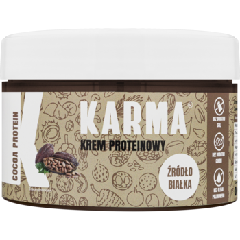 Słoik Karma Cocoa Protein, krem proteinowy bez cukru, brązowa etykieta z ilustracjami orzechów, widok z przodu.